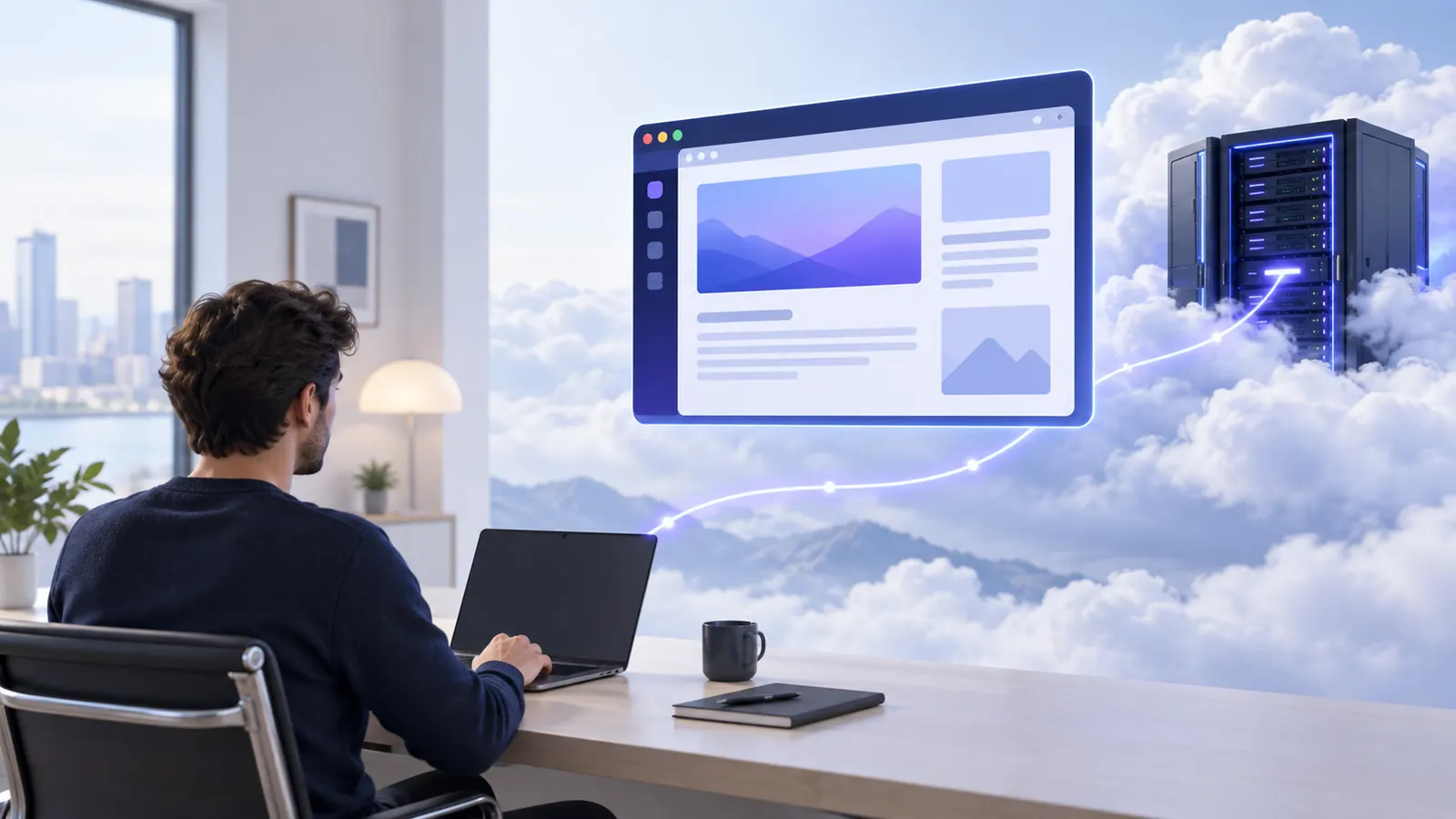 Illustration of a person using a laptop to access a cloud Chrome desktop
